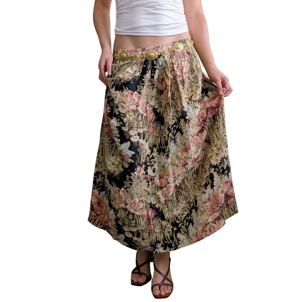 Orvis Vintage 80s Whimsigoth Fairycore Earthy Print Broomstick Floral Silk Skirt